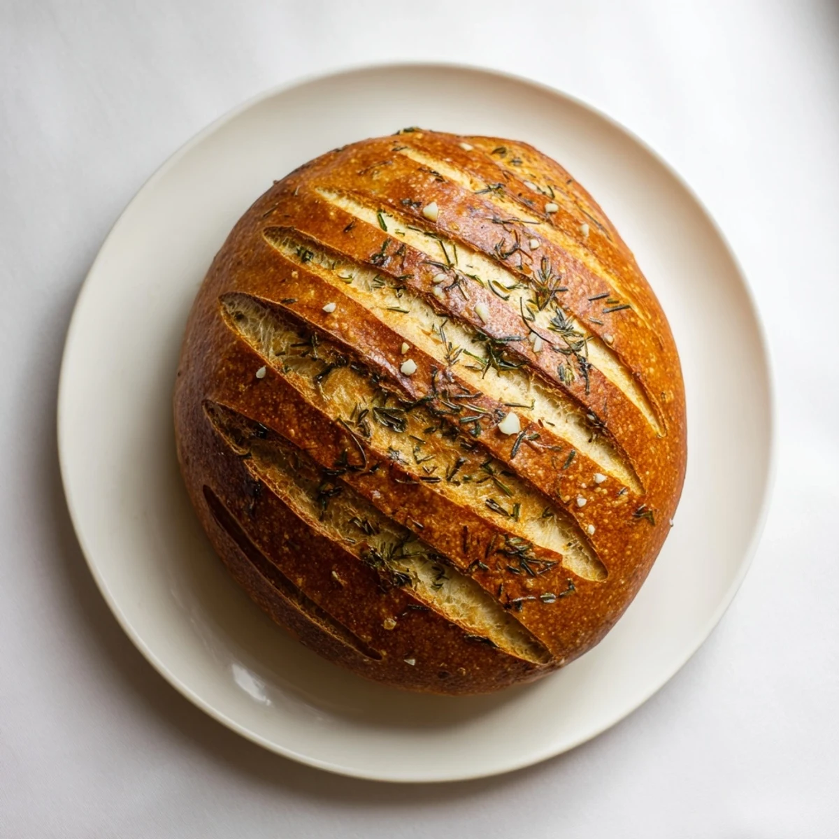 Golden Garlic Herb Dutch Oven Bread with a crackly crust and tender interior