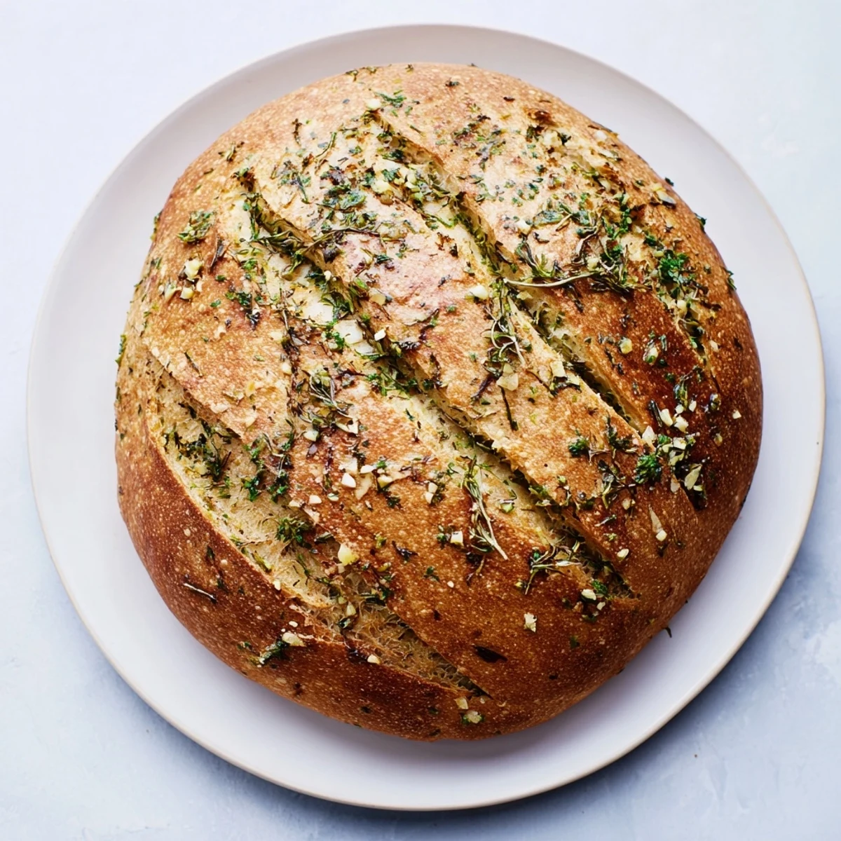 Homemade garlic herb bread freshly baked with crispy crust and soft herb-infused crumb