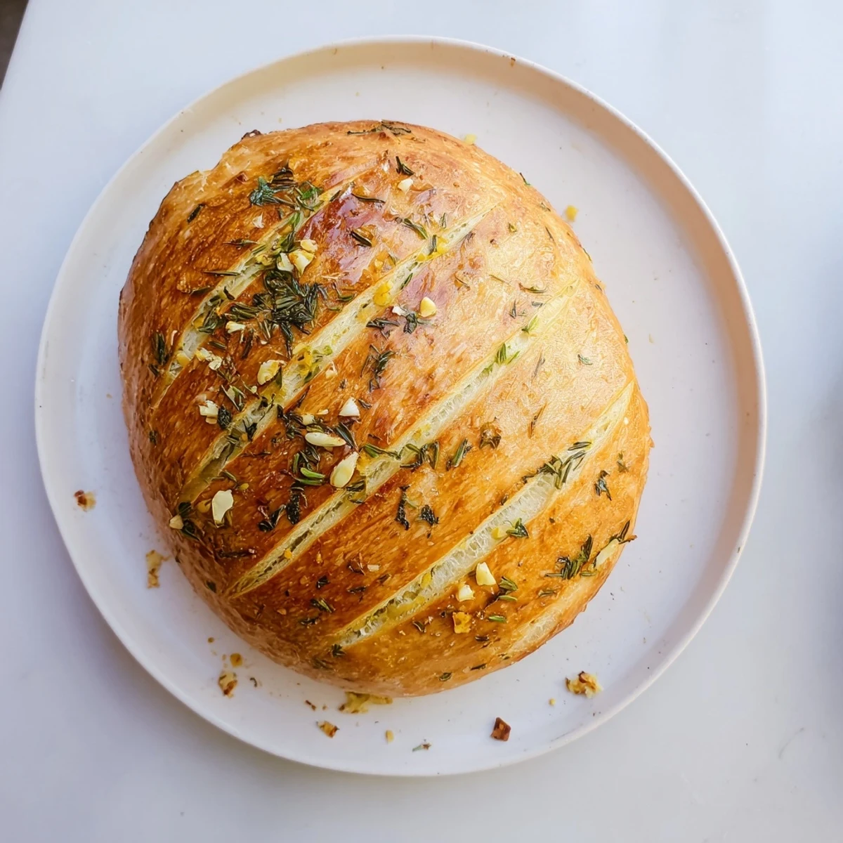 Rustic artisan loaf baked in a Dutch oven featuring aromatic garlic and fresh herbs