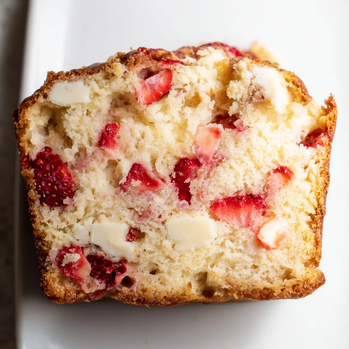 Golden brown sourdough white chocolate chips strawberry bread fresh from the oven with melted white chocolate