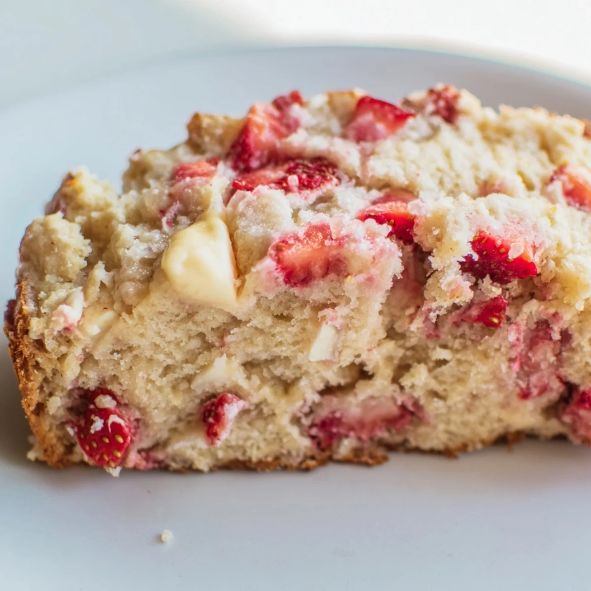 Tender slice of sourdough white chocolate chips strawberry bread studded with juicy red strawberries on a wooden board