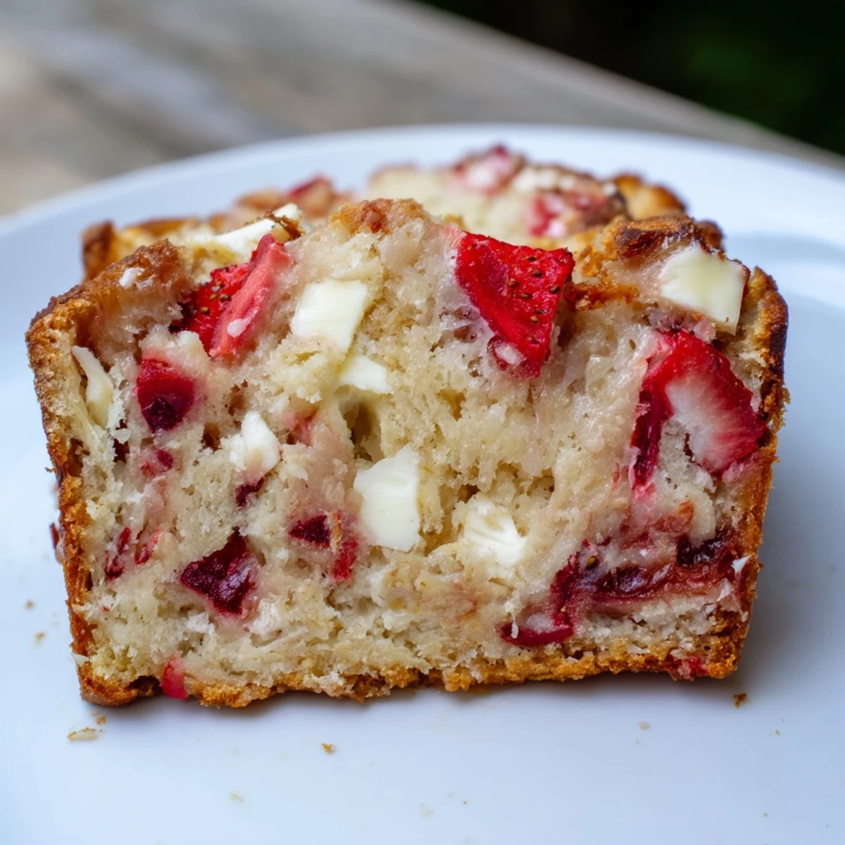 Sourdough white chocolate chips strawberry bread loaf with golden crust and creamy white chocolate chunks visible