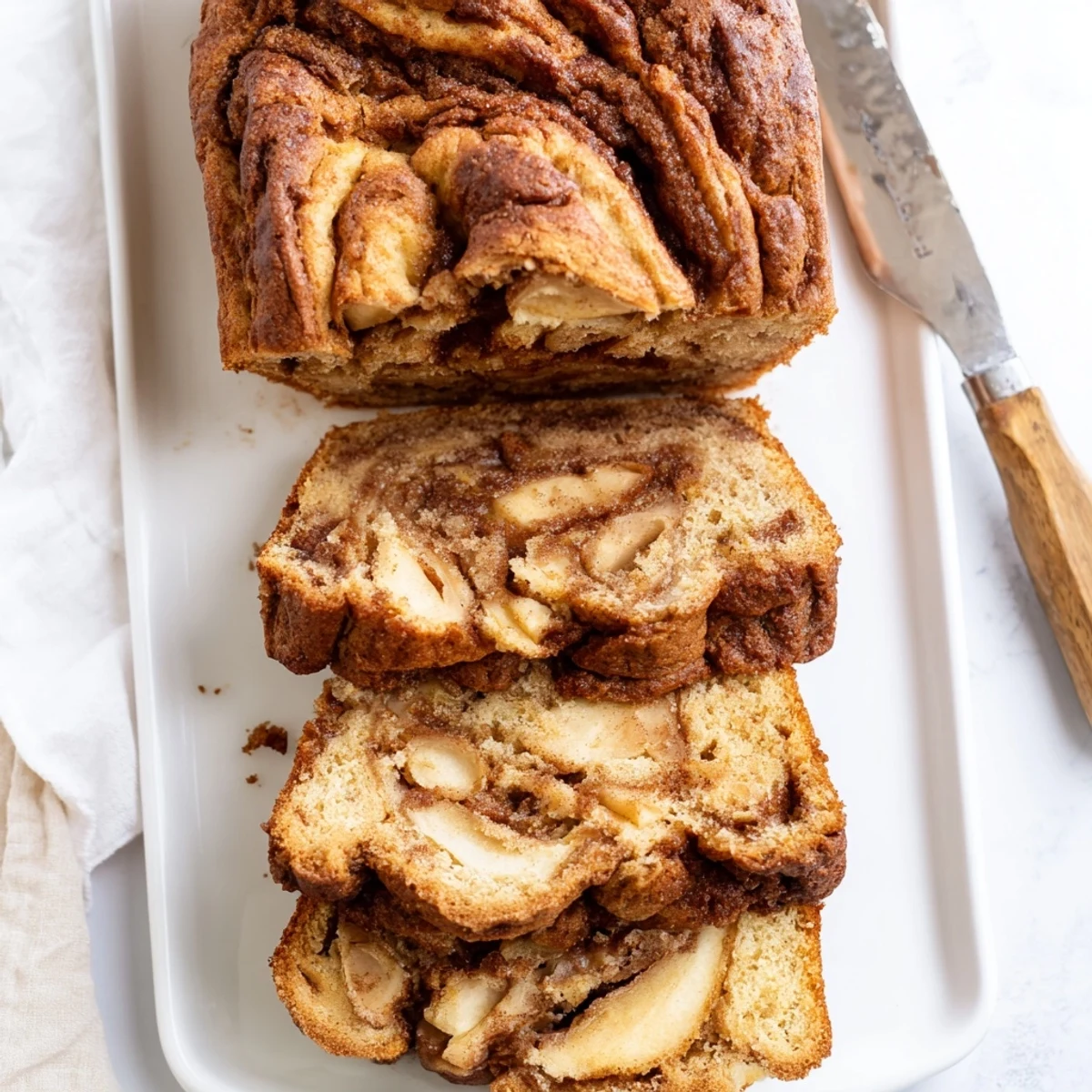 Golden brown cinnamon apple bread loaf with caramelized sugar swirl on a rustic wooden board