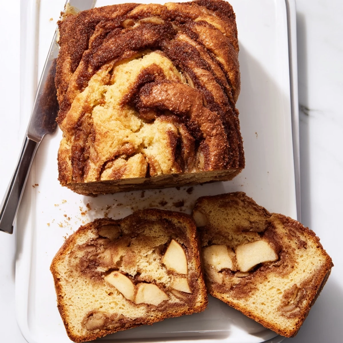 Freshly baked cinnamon apple bread cooling on wire rack with peeled diced apples nearby