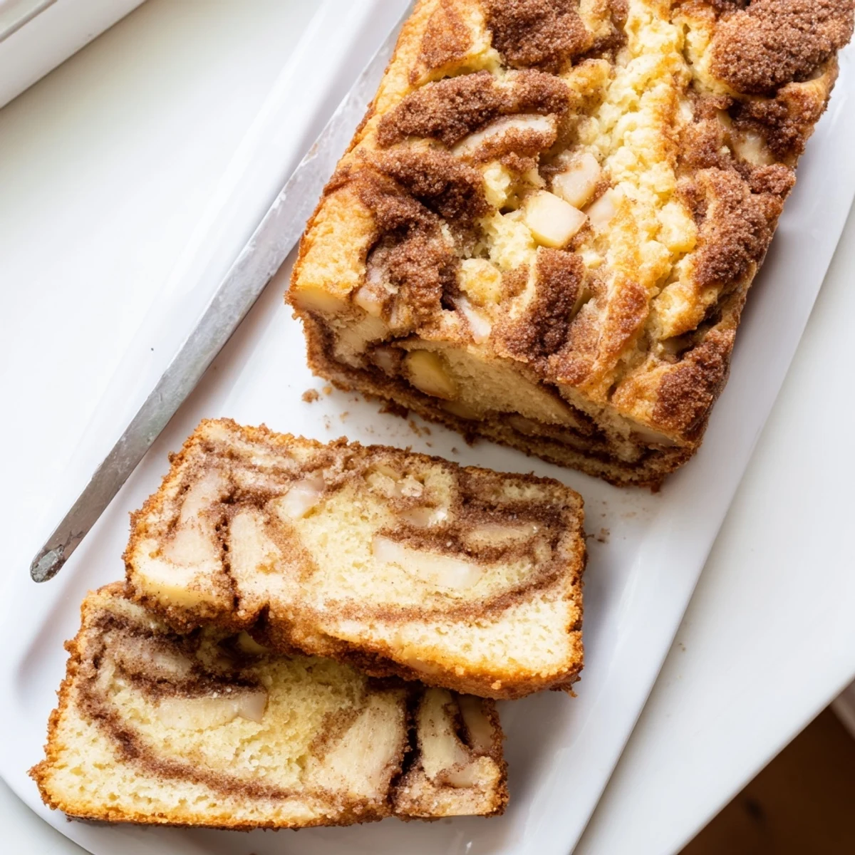 Sliced moist cinnamon apple bread revealing tender apple chunks and warm spice marbled interior