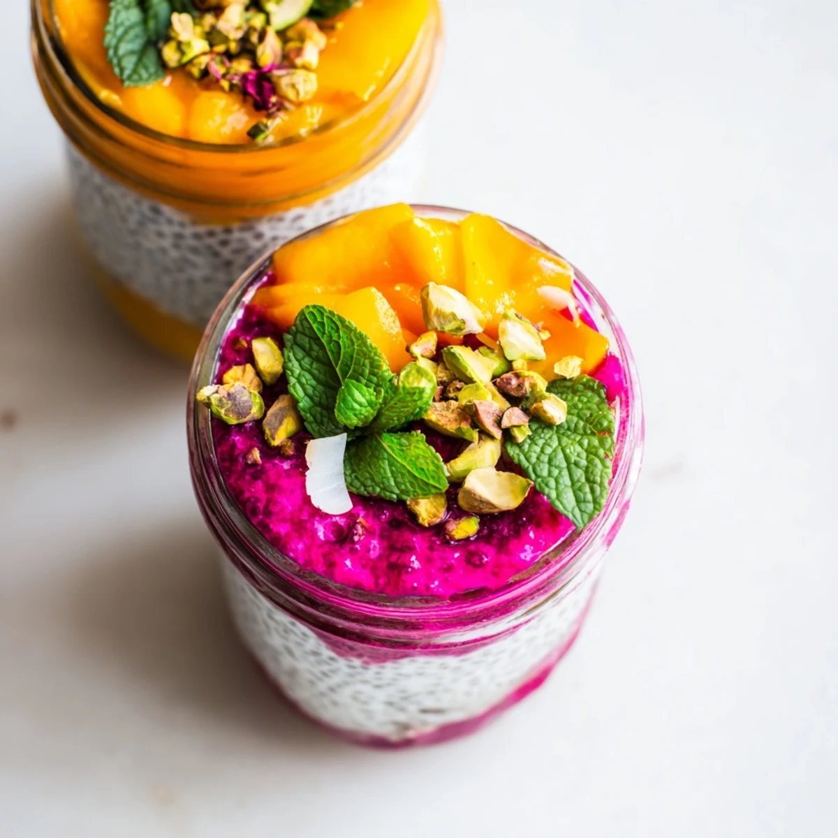 Glass jar layered with creamy coconut chia pudding topped with bright yellow mango and vibrant pink dragon fruit