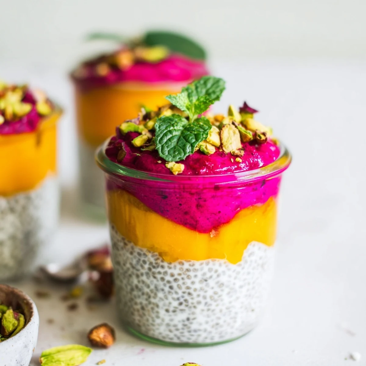 Creamy coconut chia pudding parfait with alternating layers of mango and dragon fruit topped with toasted coconut flakes