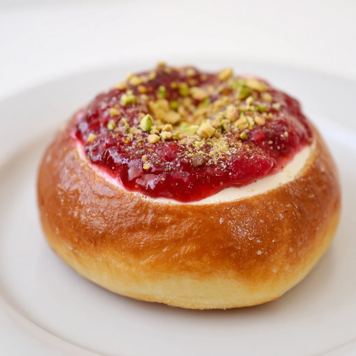 Golden raspberry and rose cheesecake buns drizzled with glossy red compote on a rustic wooden board