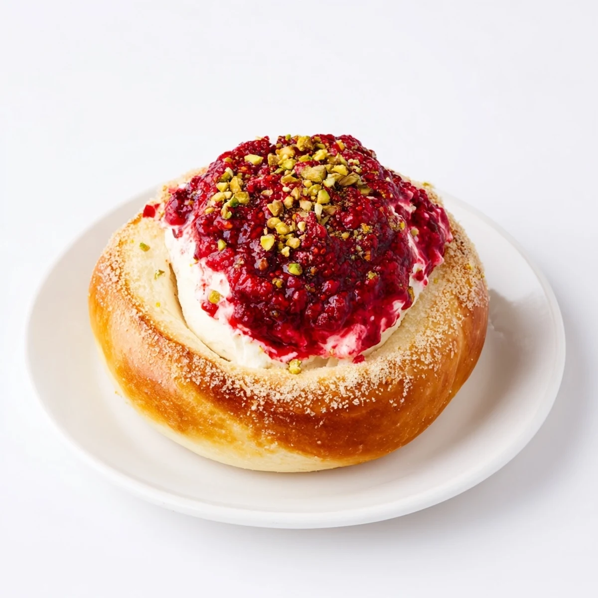 Soft fluffy sweet rolls with creamy rose cheesecake filling and bright raspberry swirls, dusted with sugar
