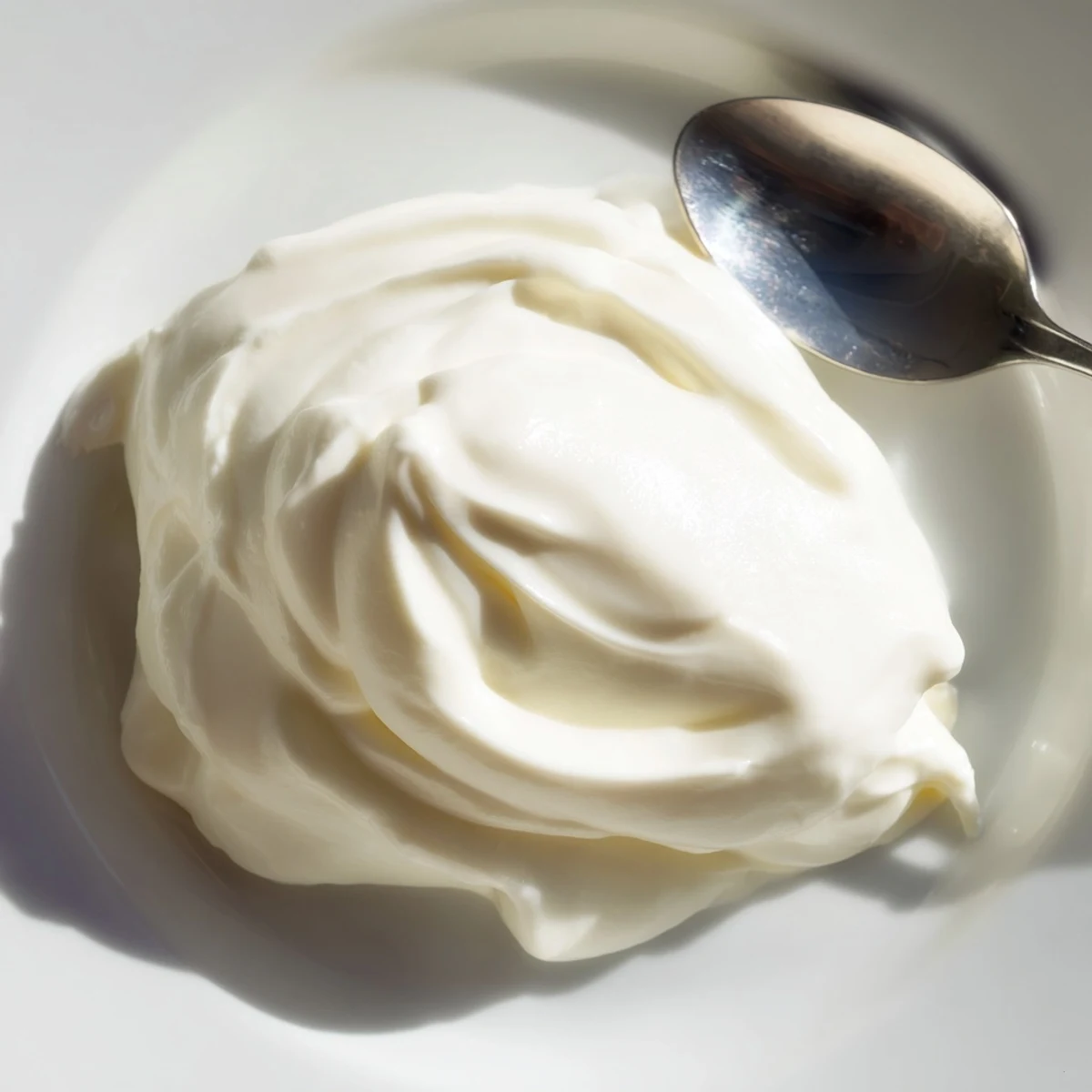 Thick Greek yogurt spoon beside wooden board with strained whey and fresh berries for breakfast
