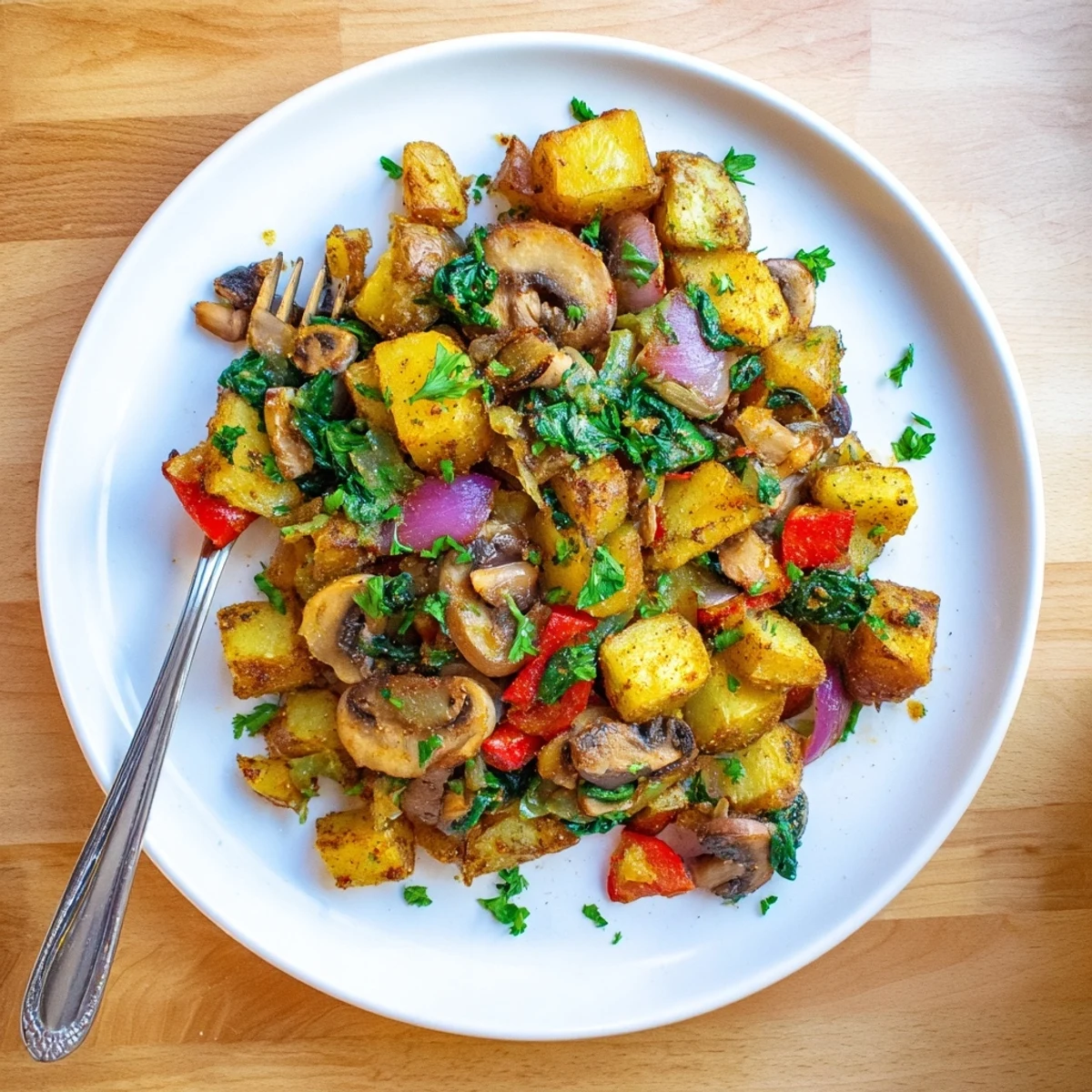 Golden crispy vegan breakfast hash with colorful bell peppers and fresh spinach garnish