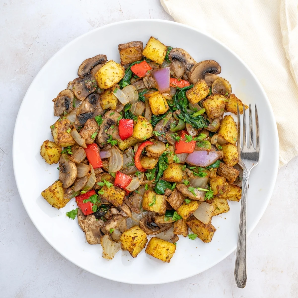 Sizzling vegan breakfast hash in a cast iron pan with red peppers and onions