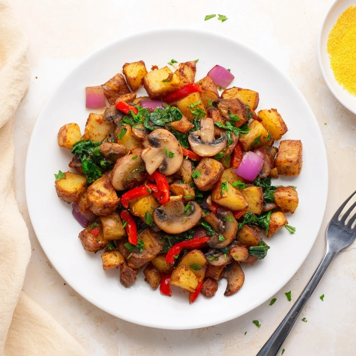 Hearty skillet of flavorful vegan breakfast hash loaded with diced potatoes and vegetables