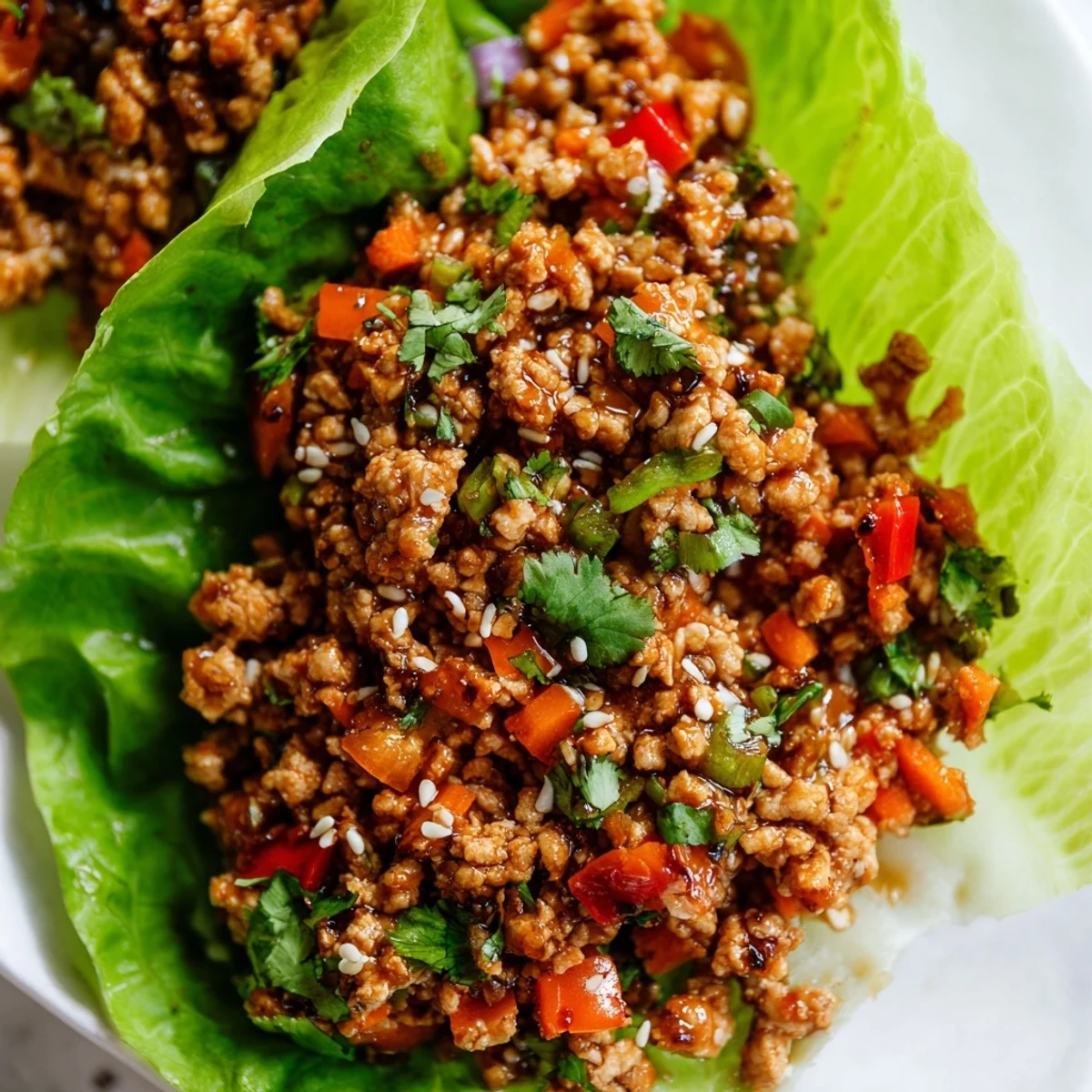 Savory ground turkey lettuce wrap bowls topped with sesame seeds, cilantro, and bright lime wedges