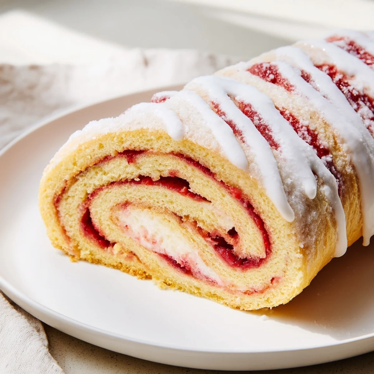 Golden Strawberry Shortcake Cheesecake Rolls drizzled with sweet vanilla glaze on white plate