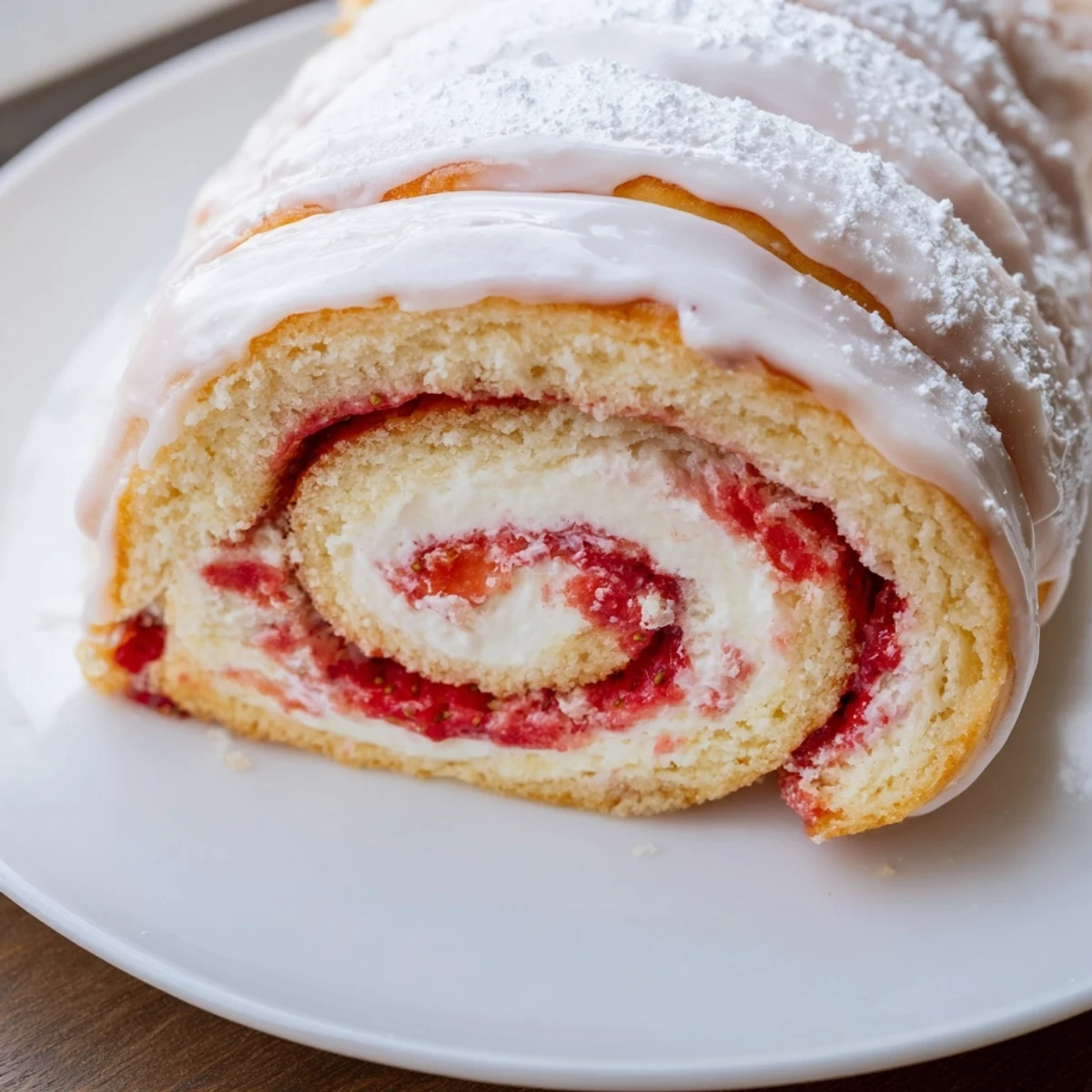 Soft swirled Strawberry Shortcake Cheesecake Rolls with ruby red strawberries and creamy cheesecake filling