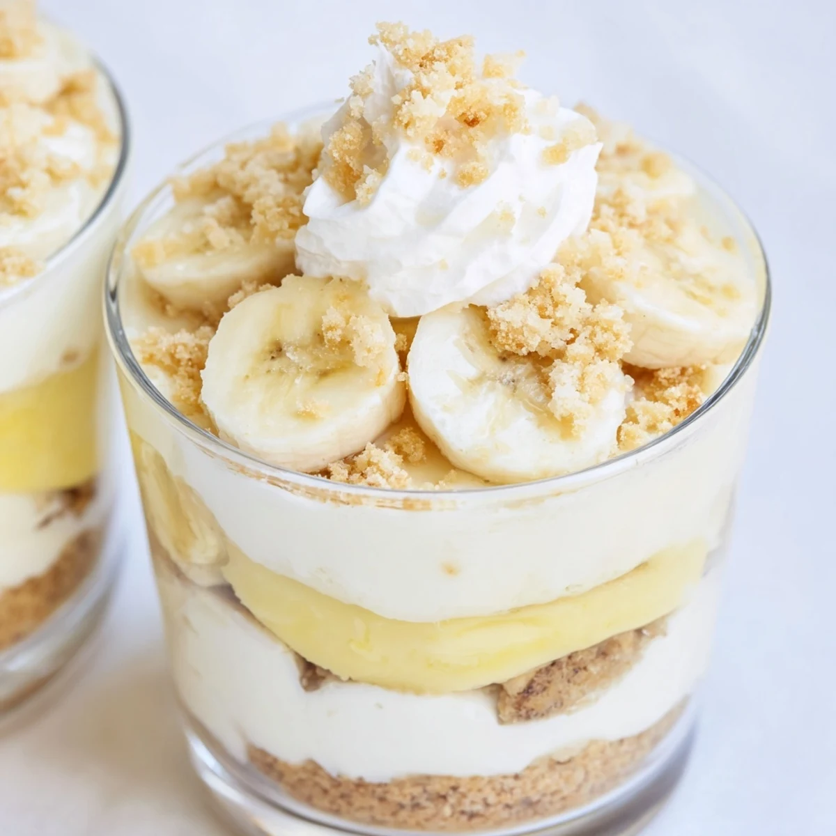 Creamy banana pudding cheesecake cups with fresh banana slices and vanilla wafer crumbs in individual glass jars