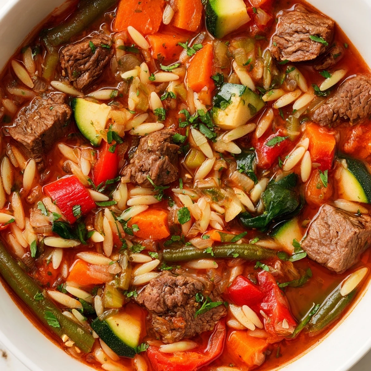 Steaming bowl of Hearty Beef and Orzo Soup brimming with colorful vegetables and tender meat