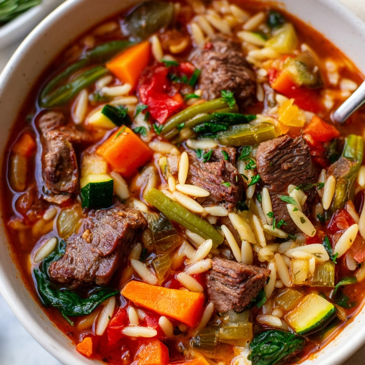 Hearty Beef and Orzo Soup in a rustic pot with bright carrots, spinach, and fresh parsley garnish