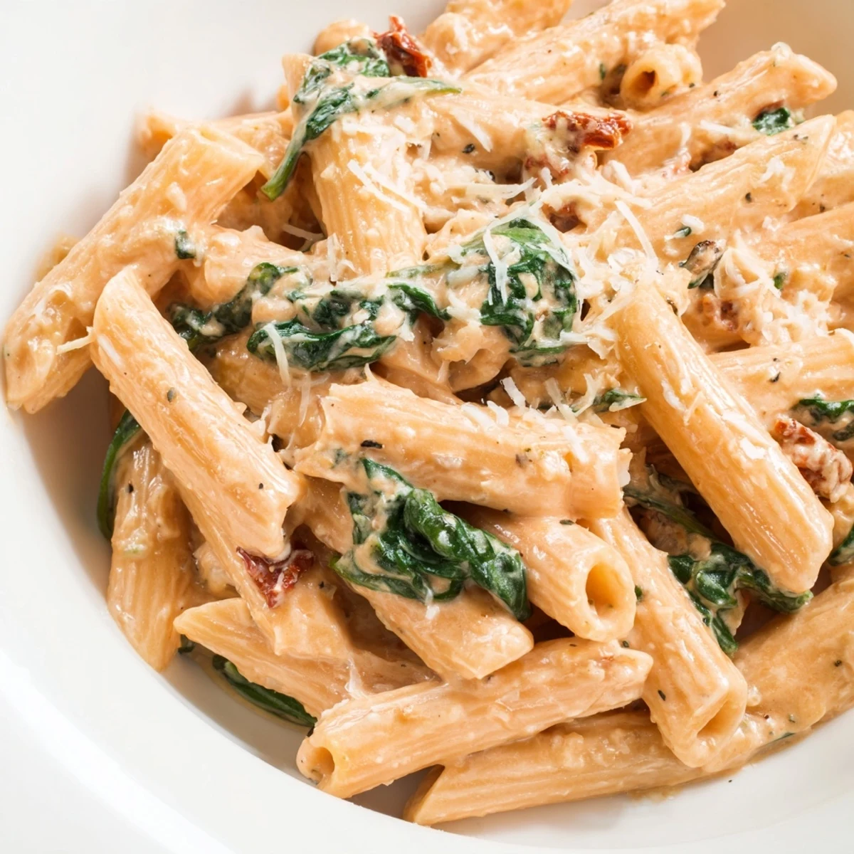 Creamy sun dried tomato spinach pasta in a rustic skillet with vibrant green wilted leaves