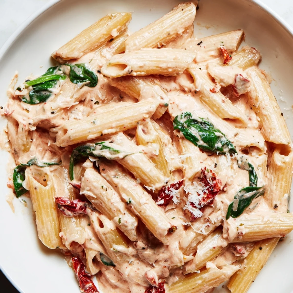 Steaming bowl of creamy sun dried tomato spinach pasta coated in rich velvety sauce