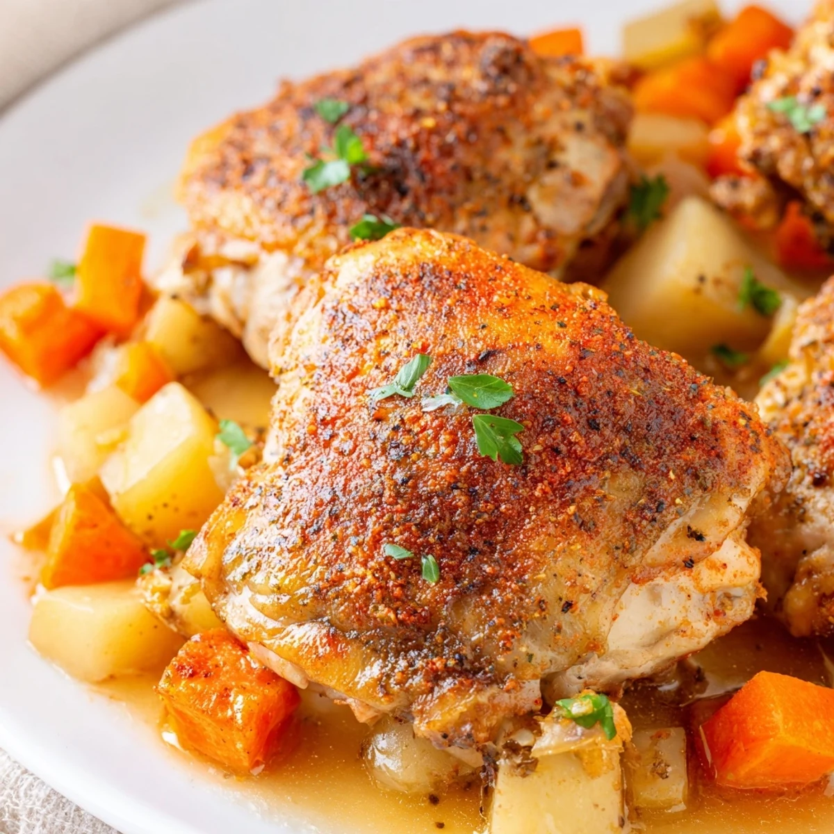 Slow cooker chicken dinner with tender vegetables in savory herb sauce