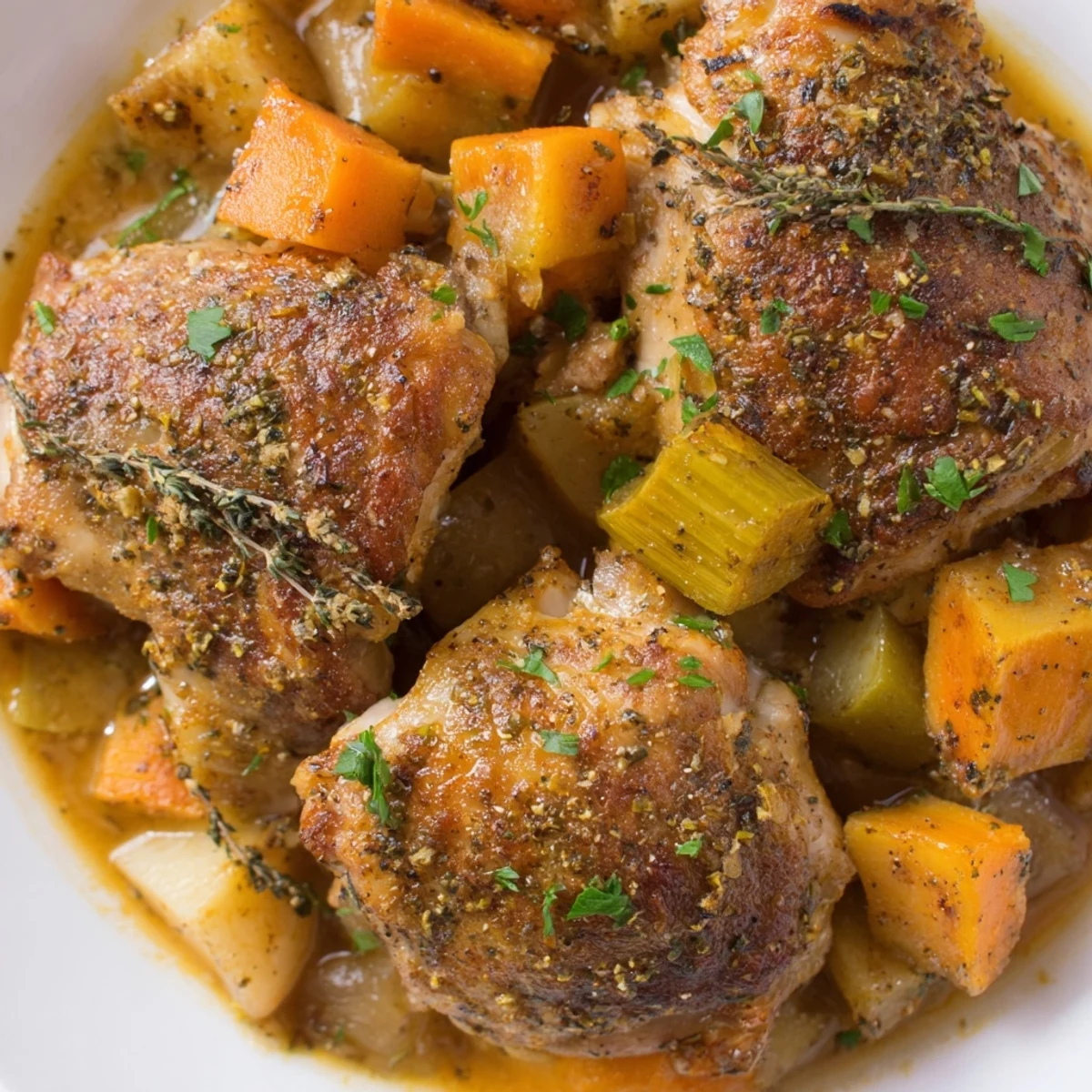 Golden brown chicken thighs nestled among carrots and potatoes in slow cooker