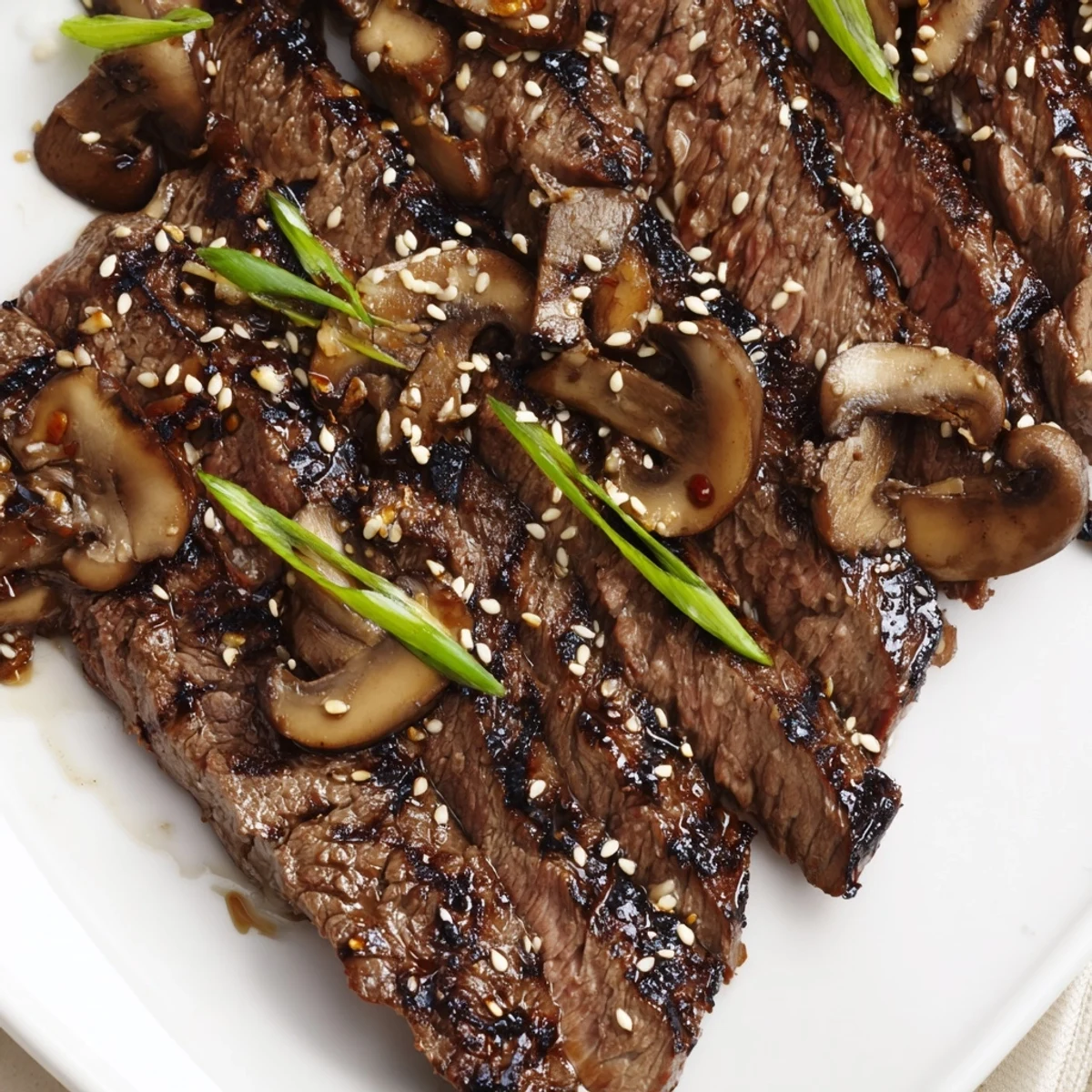 Sizzling Beef Yakiniku with caramelized edges served alongside charred colorful vegetables