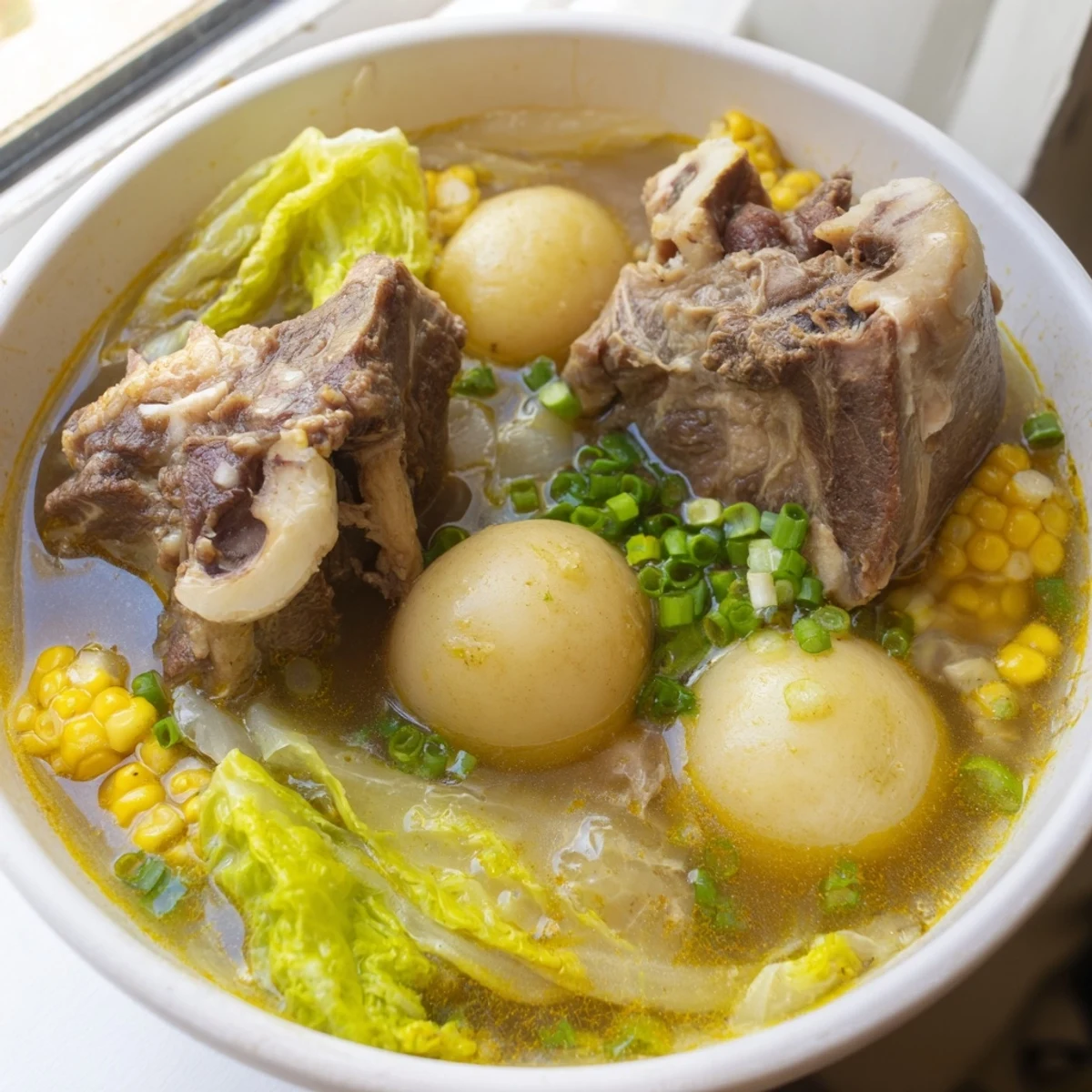 Tender beef shank and bone marrow in rich Filipino Bulalo Beef Shank Soup broth