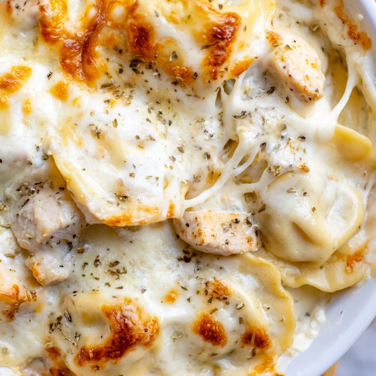 Golden bubbling chicken Alfredo baked ravioli casserole with melted mozzarella cheese topping