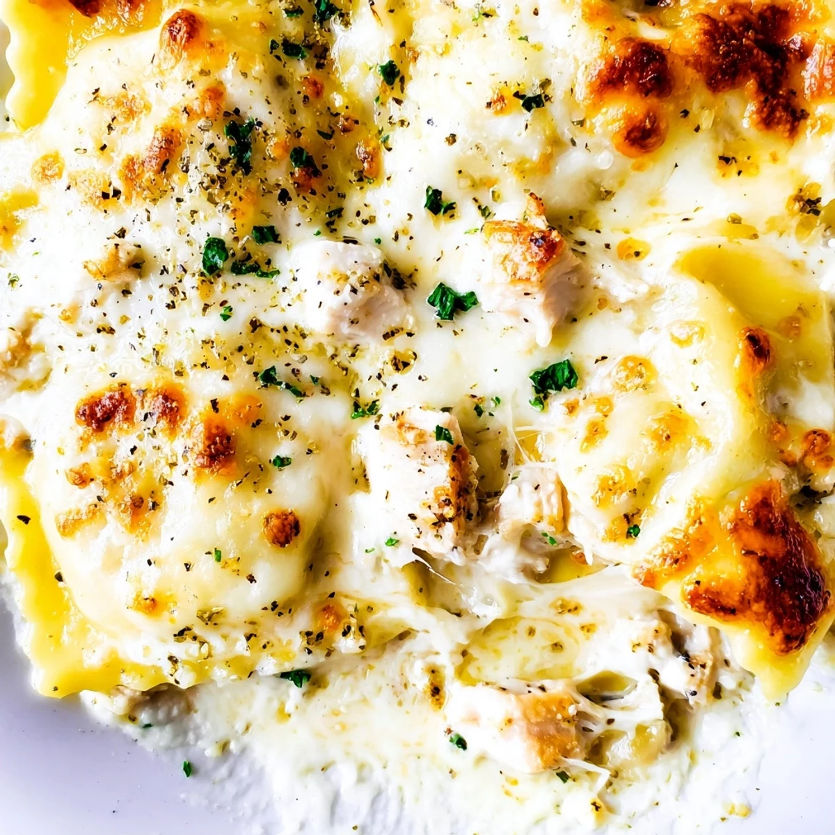 Creamy chicken Alfredo baked ravioli served in a white ceramic baking dish