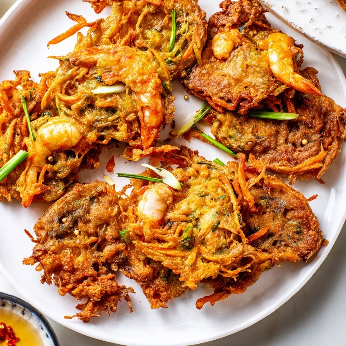 Golden crispy Ukoy Filipino shrimp fritters served with spiced vinegar dipping sauce on a white plate