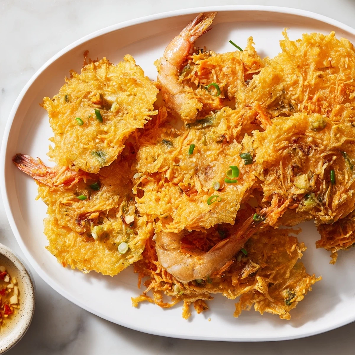 Ukoy Filipino shrimp fritters loaded with bean sprouts and carrots frying to perfect golden brown crispiness