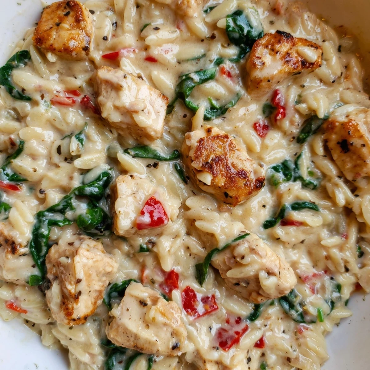 Creamy Cajun Chicken Alfredo Orzo served in a rustic skillet with fresh parsley garnish