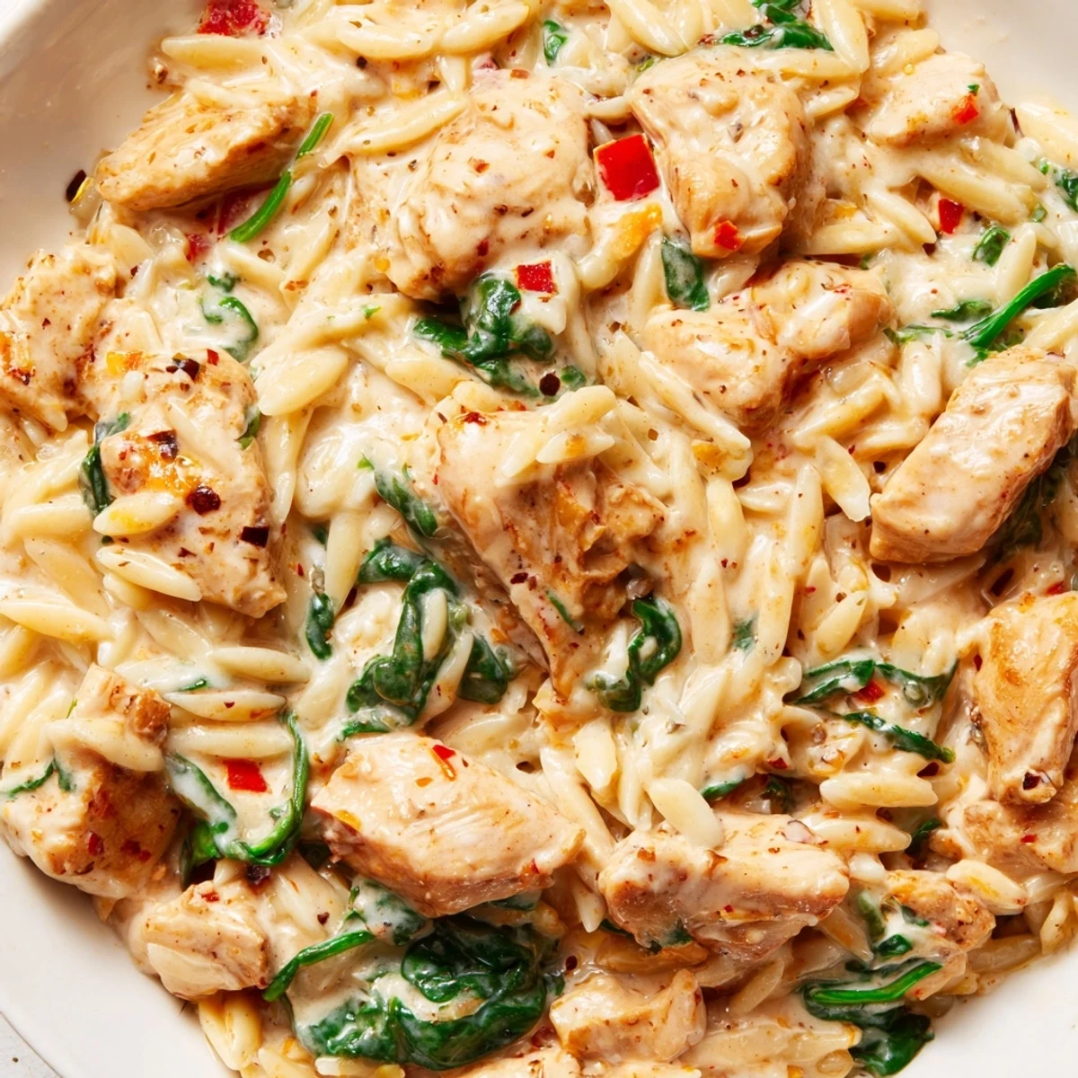 One Pot Cajun Chicken Alfredo Orzo topped with tender seasoned chicken pieces and Parmesan