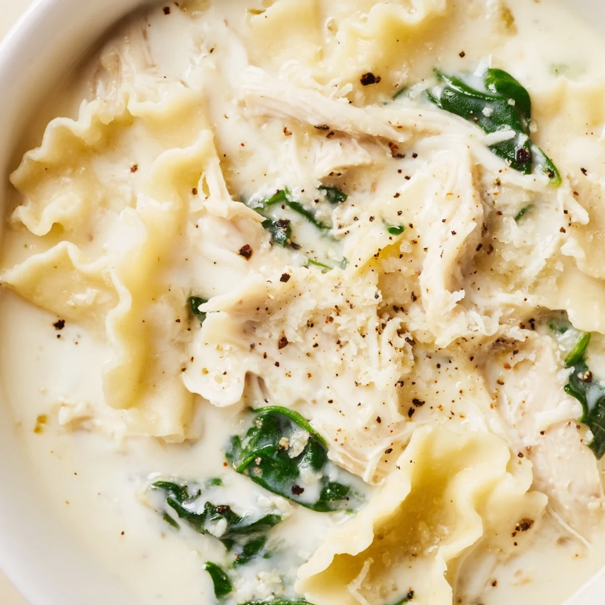 Creamy white lasagna soup in a white bowl with melted mozzarella and broken noodles throughout
