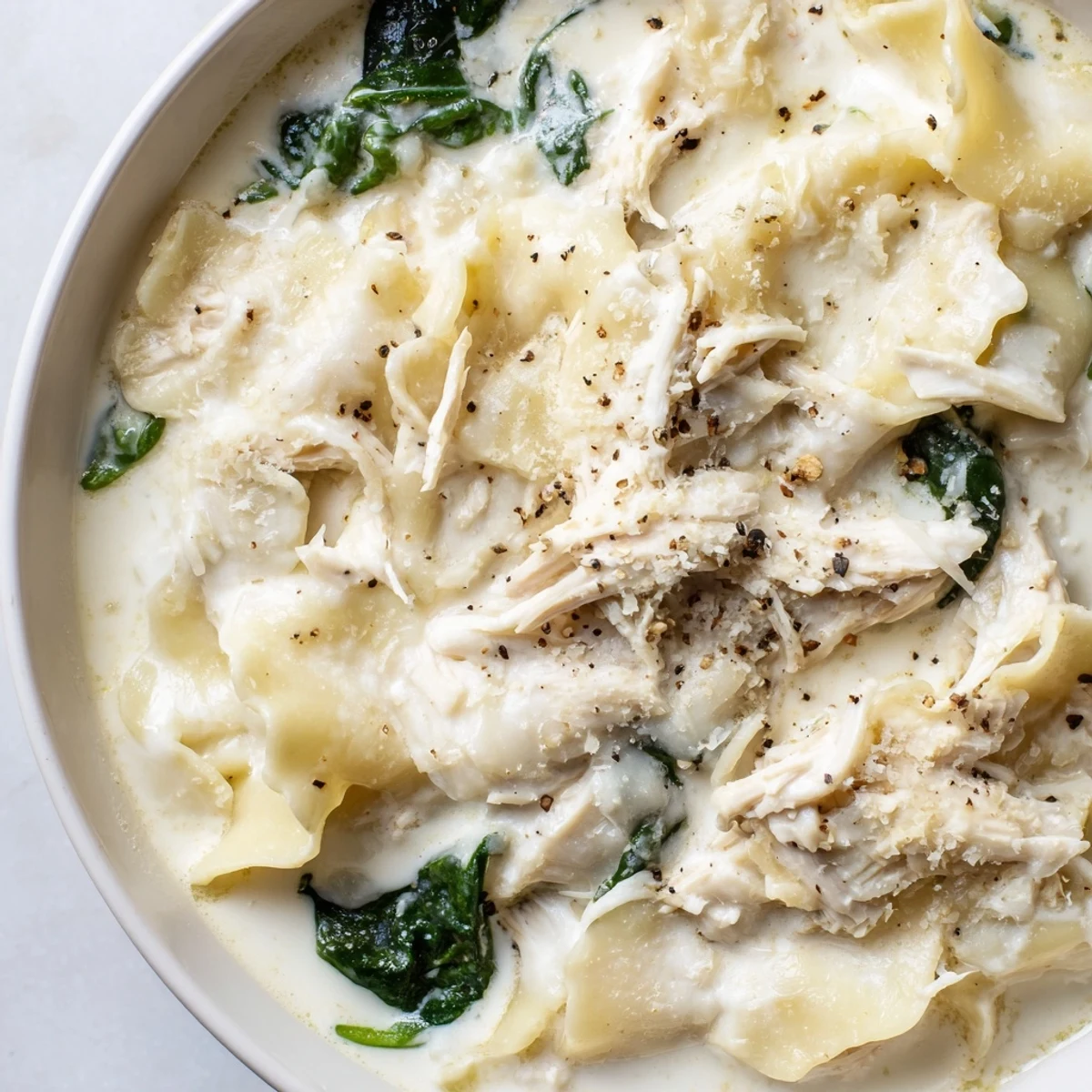 Steaming bowl of white lasagna soup topped with Parmesan cheese and fresh cracked pepper