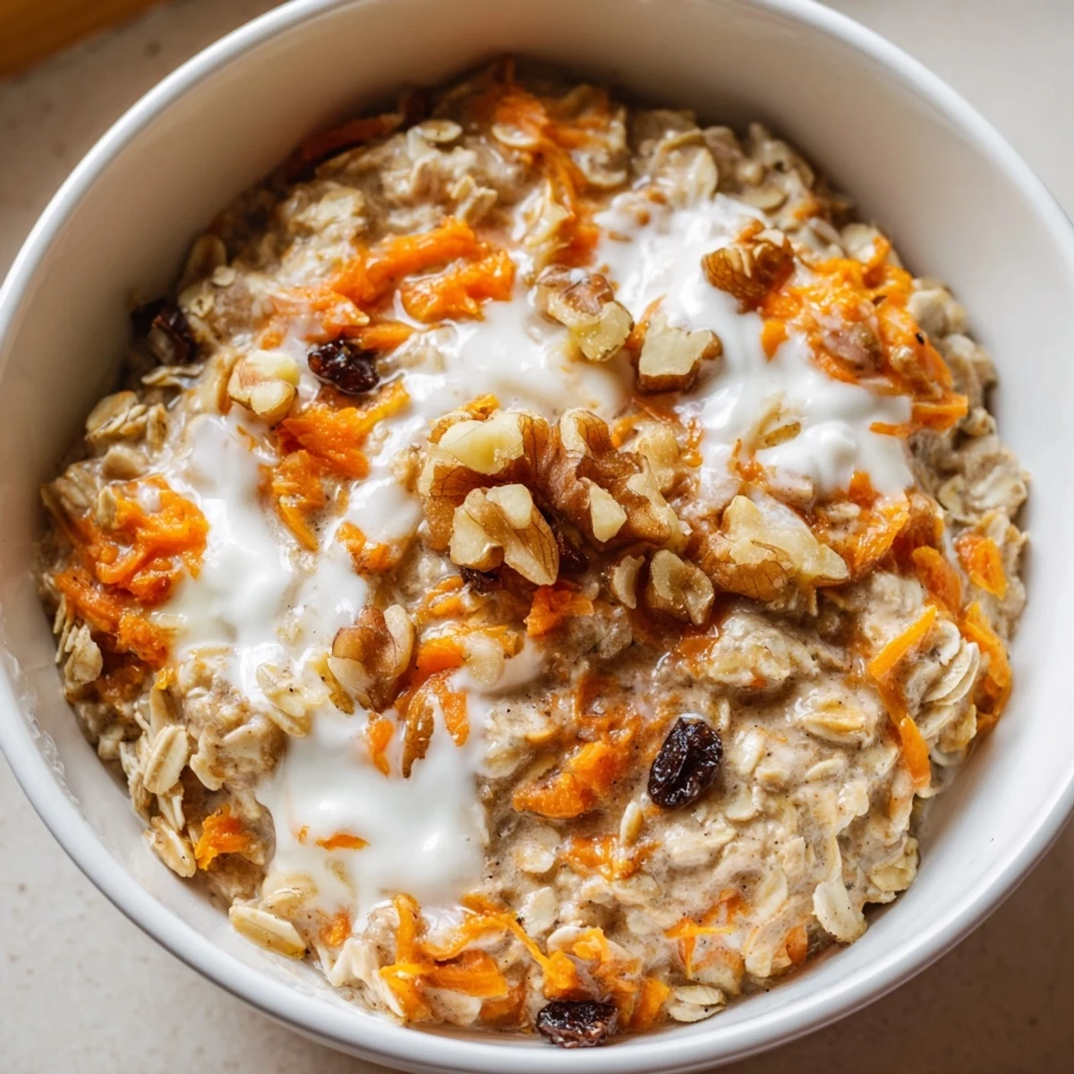 Creamy carrot cake overnight oats topped with chopped walnuts and a sprinkle of cinnamon