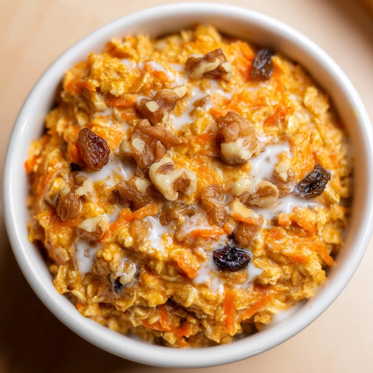 Spiced carrot cake overnight oats served cold with crunchy pecans and a maple drizzle