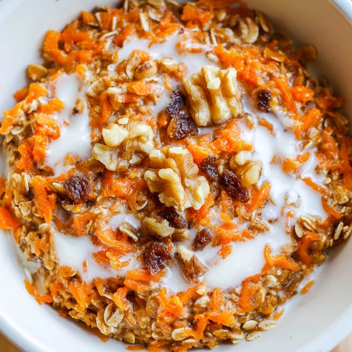 Carrot cake overnight oats in a glass jar with raisins, coconut, and grated carrots