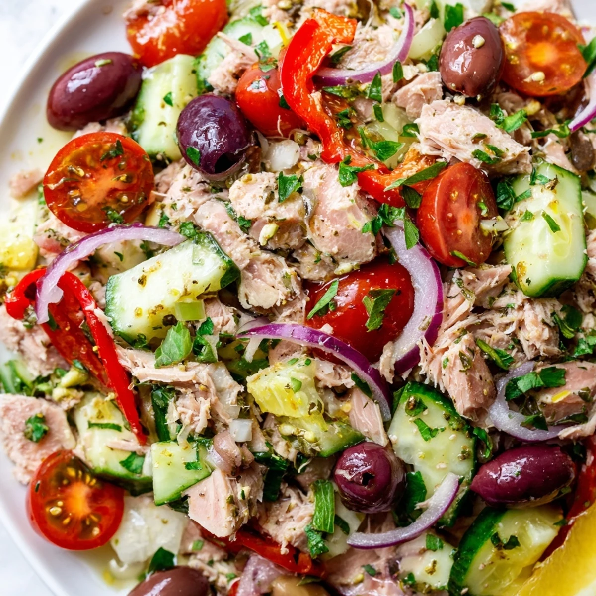 Mediterranean tuna salad in a white bowl with cherry tomatoes, olives, and fresh herbs