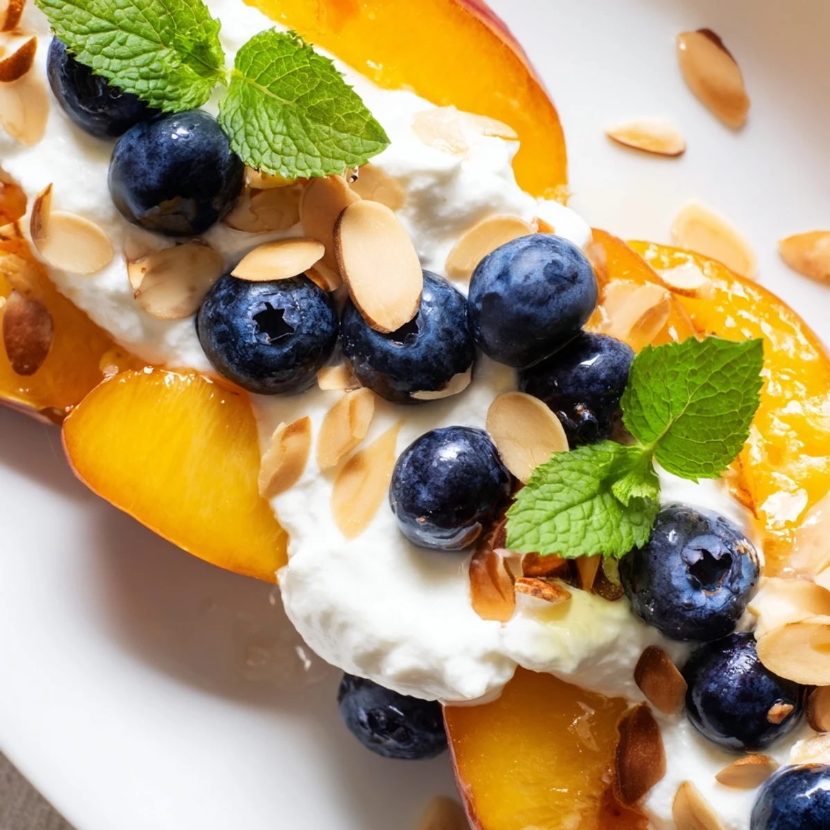 Fresh peaches and cream salad topped with whipped cream and mint leaves in glass