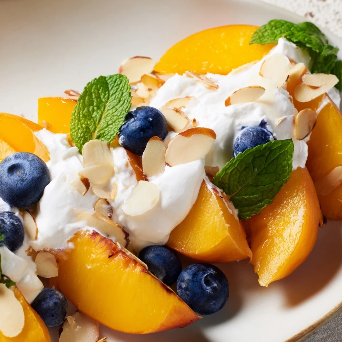Creamy peaches and cream salad layered with ripe peach slices and fluffy whipped topping