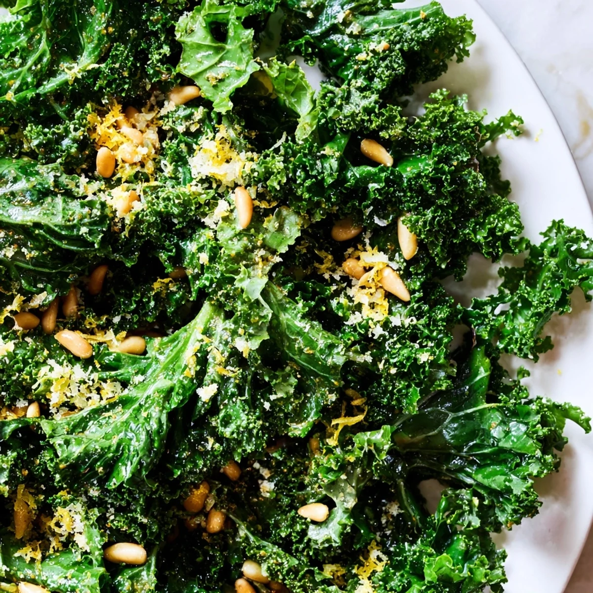 Fresh garlic lemon Parmesan kale salad topped with shaved cheese and toasted pine nuts