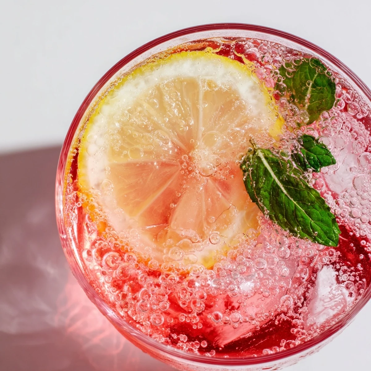 Garnished honey lemon pink soda in glasses with mint leaves and ice cubes