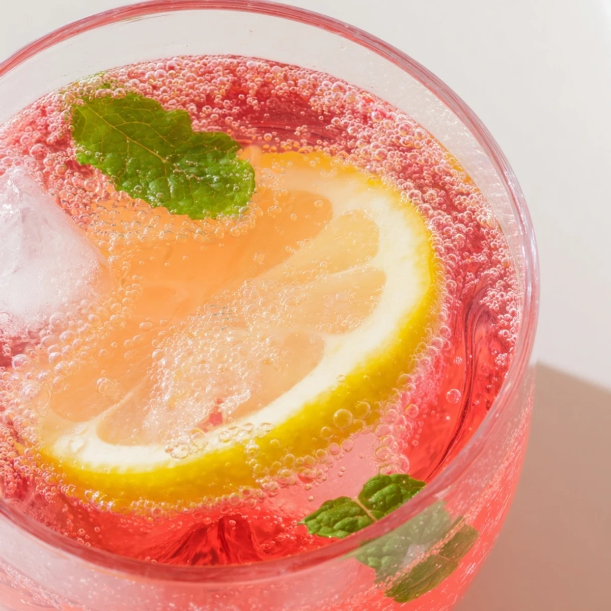 Sparkling honey lemon pink soda with lemon slices served over cracked ice