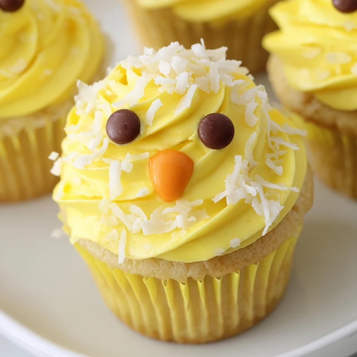 Adorable Easter Chick Cupcakes with fluffy yellow frosting and chocolate chip eyes on a spring dessert table