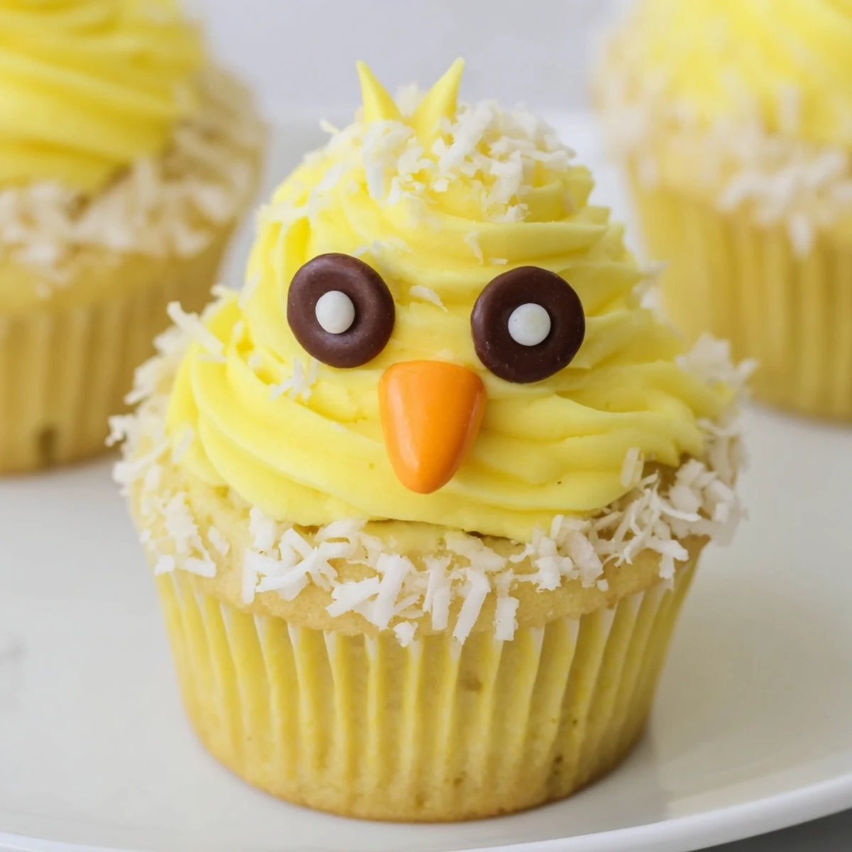 Cute Easter Chick Cupcakes topped with buttercream and candy beaks arranged on a festive serving platter