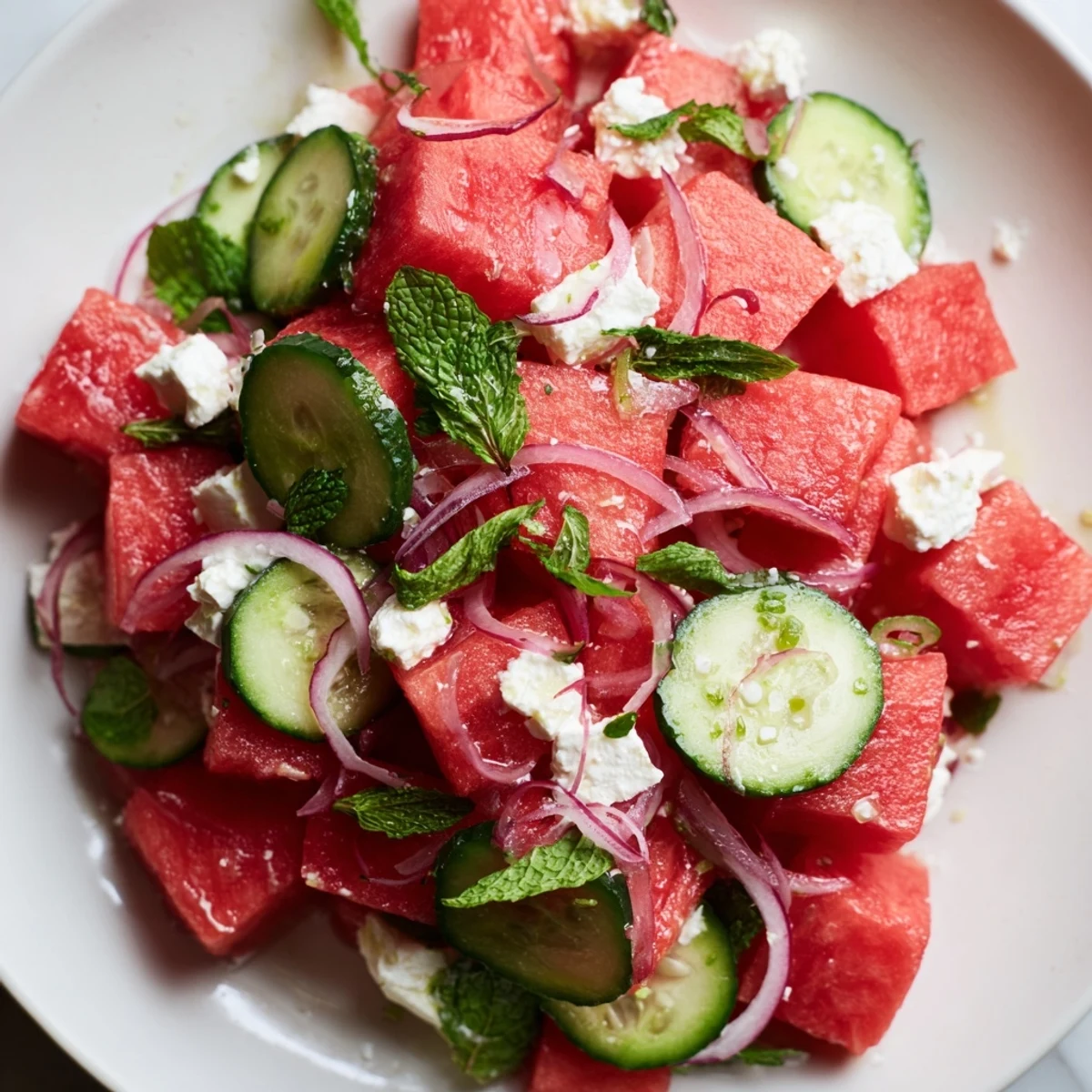Watermelon feta salad with juicy melon cubes and crumbled cheese in a white serving bowl