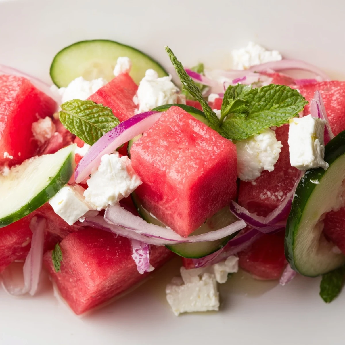 Refreshing watermelon feta salad topped with torn mint leaves on a sunny outdoor table